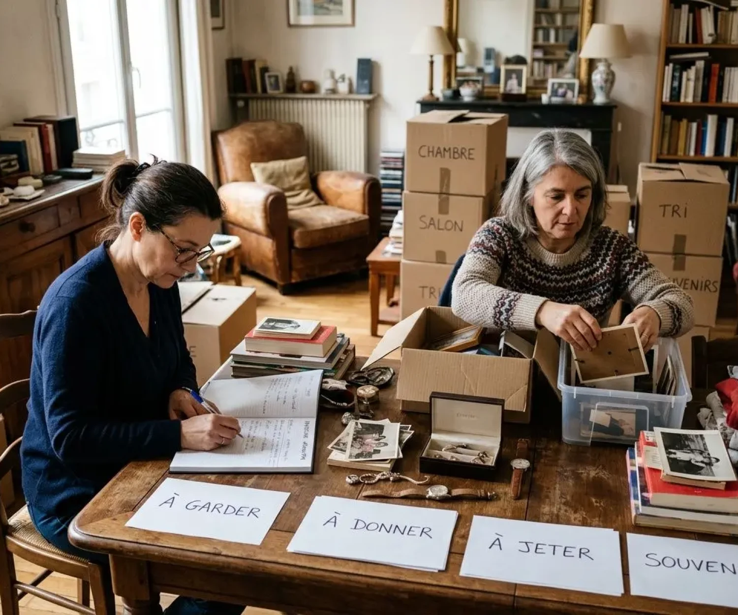 Deux femmes font l’inventaire d’objets dans une maison, entourées de boîtes et de papiers. Des étiquettes sur la table indiquent “À garder”, “À donner”, “À jeter”, “Souvenirs”.